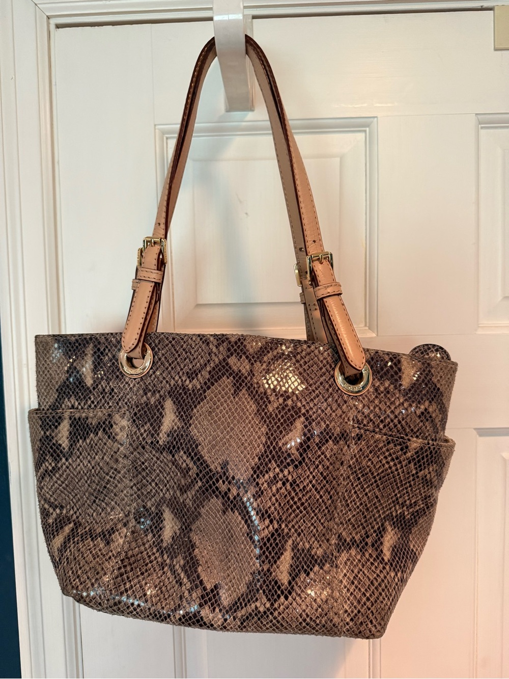 MICHAEL Michael Kors Brown Snake-Print Tote with Tan Handles